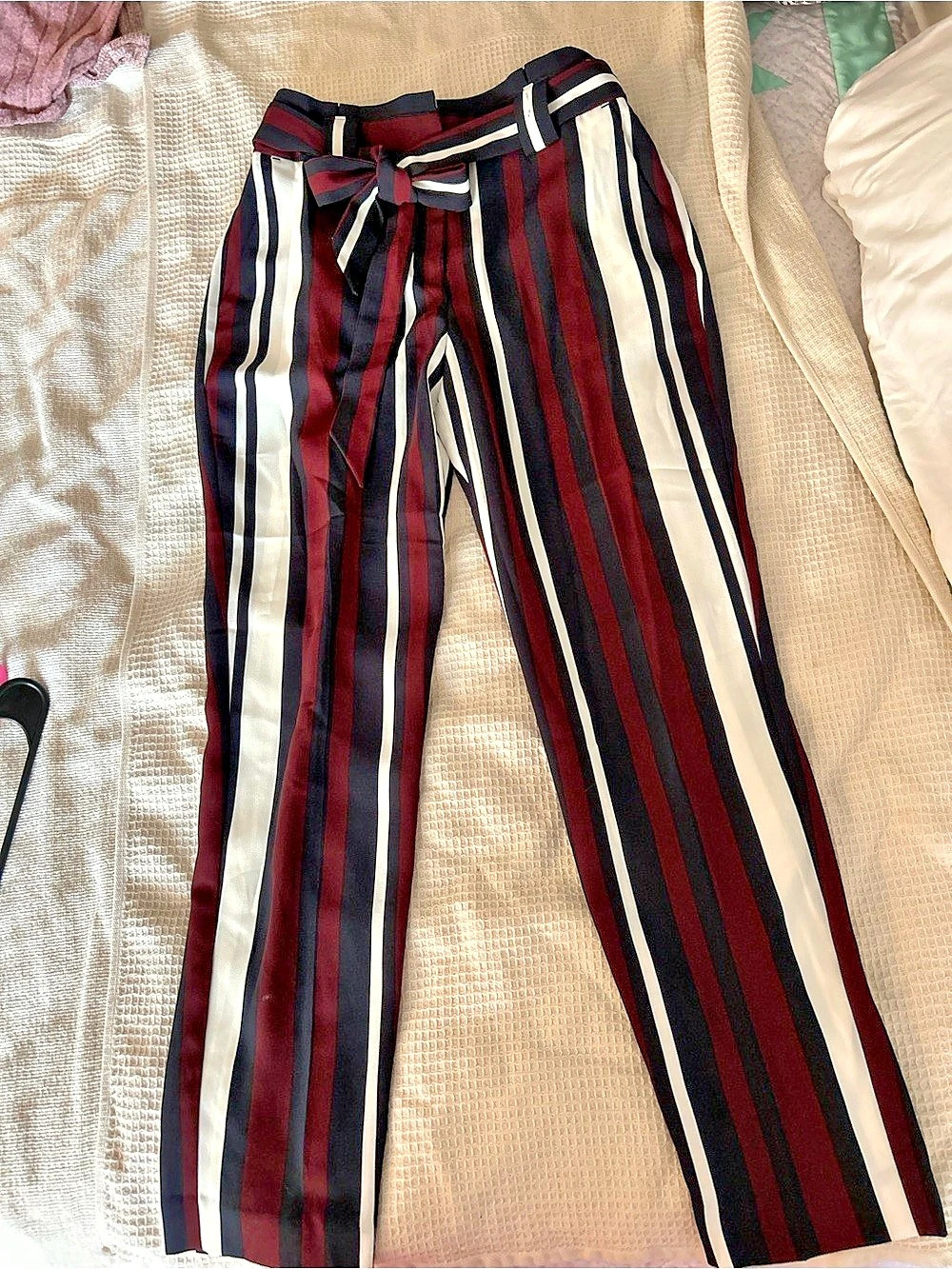 Express High Waisted Striped Sash Tie Ankle Pants Black & Red Size 2